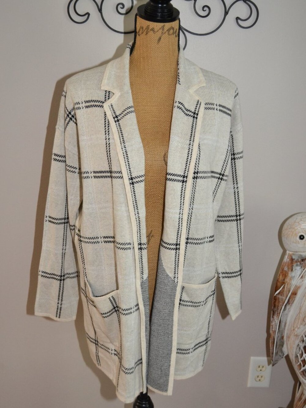 LOFT New Windowpane plaid sweater jacket blazer Cream/black Cotton cardigan L - Picture 6 of 10
